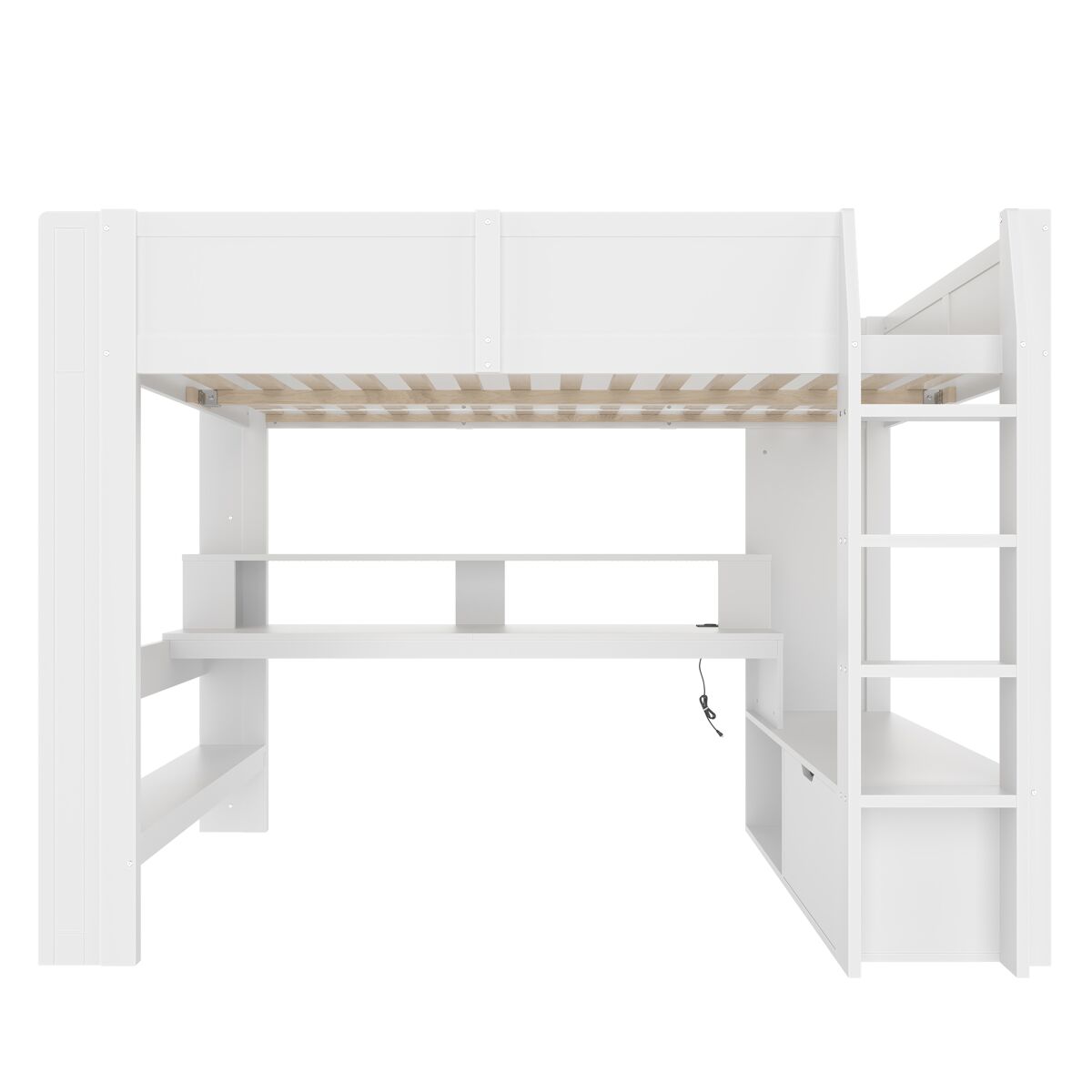 Cama alta 140x200 cm - cama gaming com secretária, led, gaveta, prateleiras, sem colchão - branco