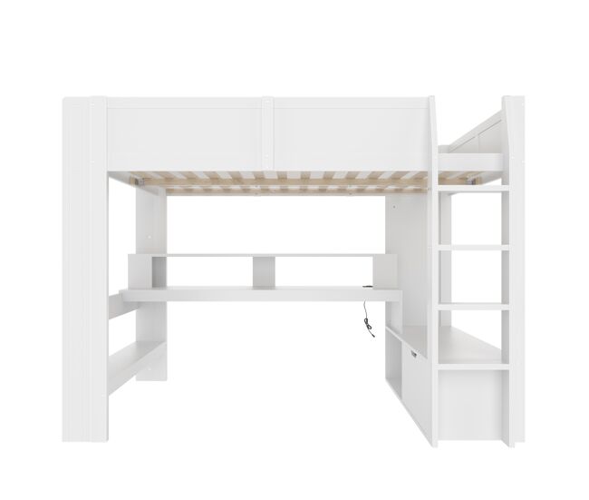 Cama alta 140x200 cm - cama gaming com secretária, led, gaveta, prateleiras, sem colchão - branco