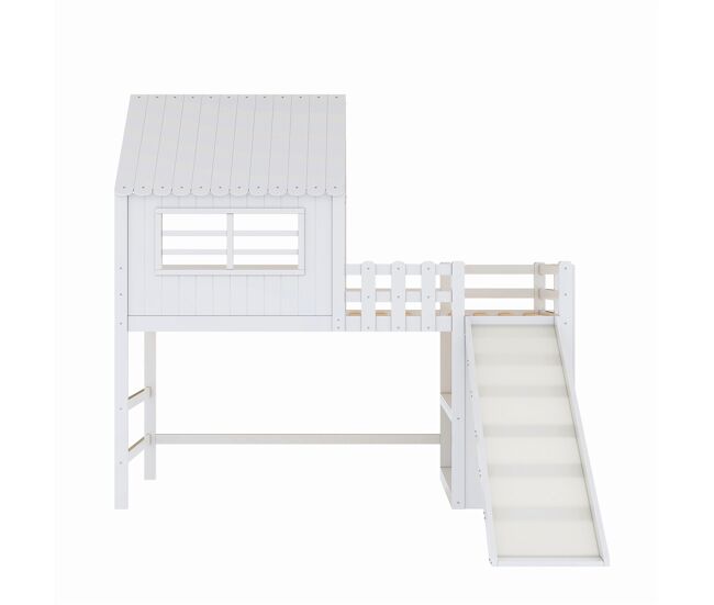 Cama alta infantil 90x200 cm - design ático, escada e rampa de segurança, prateleiras multifuncionais - madeira maciça, branca