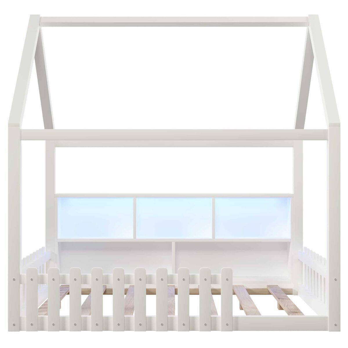 Cama infantil 140x190 cm - com grade de proteção, luzes led, prateleiras abertas, design em forma de casa, estilo minimalista - branco