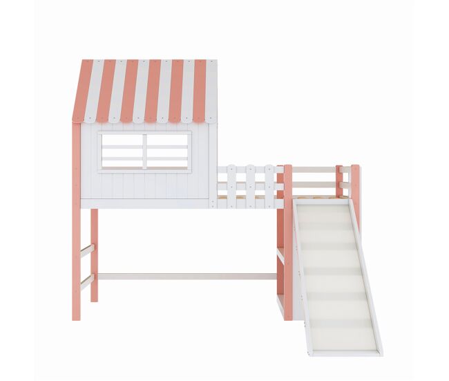 Cama alta infantil 90x200 cm - design ático, escada e rampa de segurança, prateleiras multifuncionais - rosa