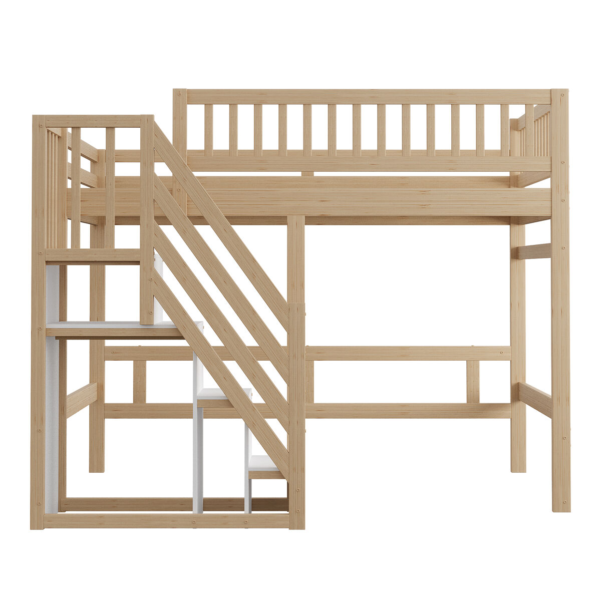 Cama alta em madeira maciça 140x200 - com escada, armário de arrumação e grade alta, cama para crianças e jovens - cor natural