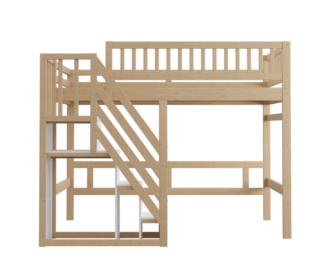 Cama alta em madeira maciça 140x200 - com escada, armário de arrumação e grade alta, cama para crianças e jovens - cor natural