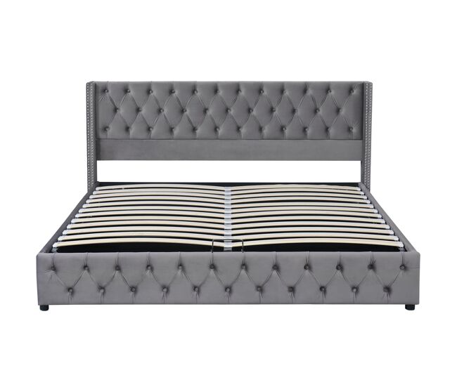 Cama de arrumação em veludo com estrado de ripas 140x200 cm - gris