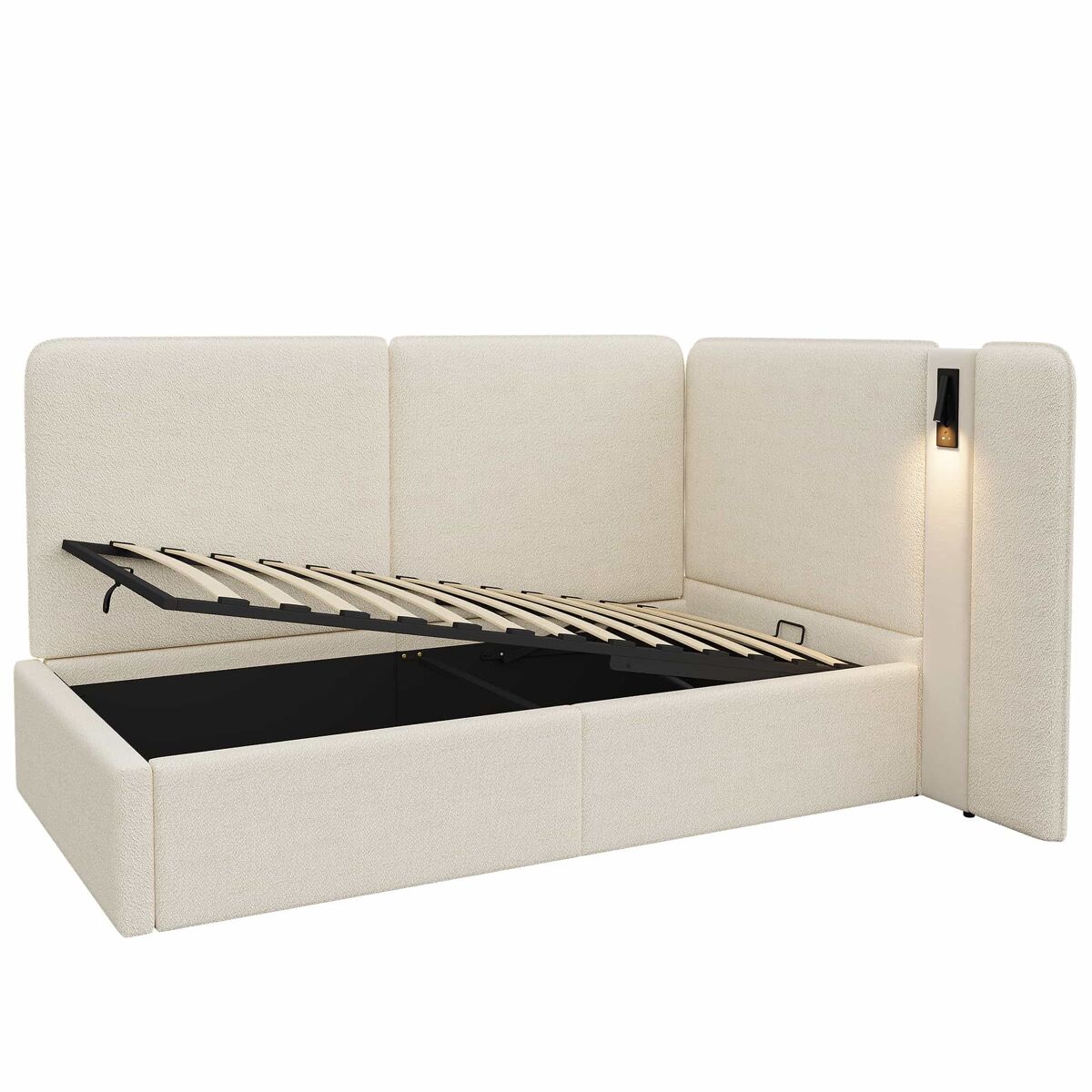 Cama de dia 90 x 200 cm - com arrumação hidráulica, estofada, sofá-cama com porta usb e candeeiro de leitura - bege