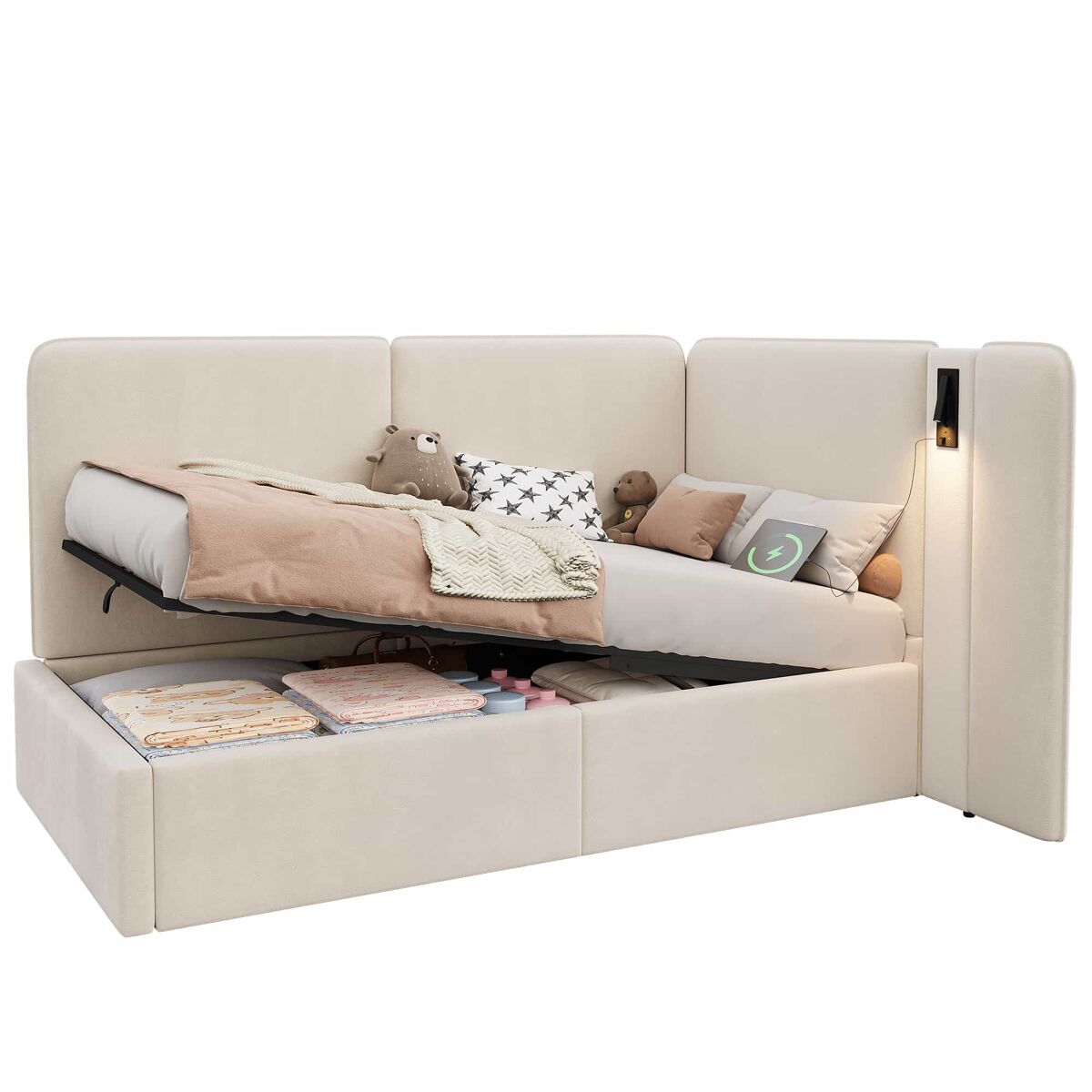 Cama de dia 90x200 cm - cama estofada com arrumação hidráulica, porta usb e candeeiro de leitura - bege