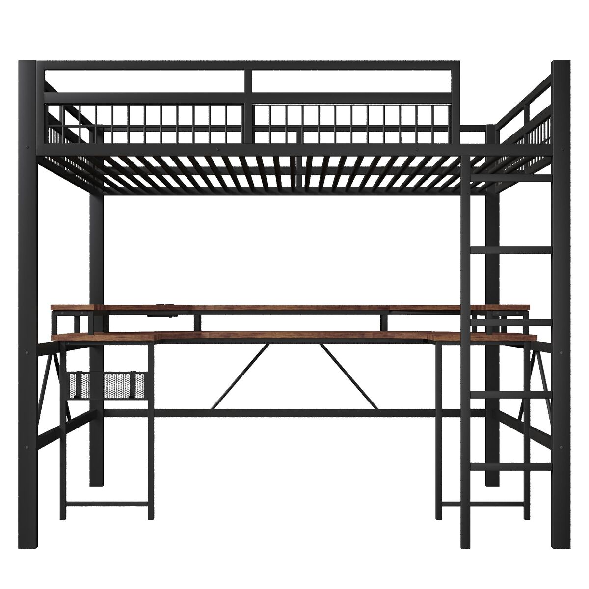 Cama alta + secretária 140x200 cm - led multicolorido, usb/tipo-c, tomadas, painel perfurado - preto