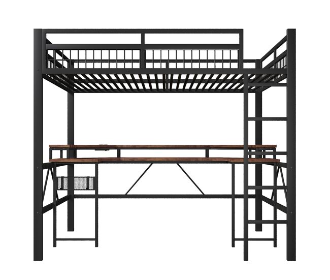 Cama alta + secretária 140x200 cm - led multicolorido, usb/tipo-c, tomadas, painel perfurado - preto