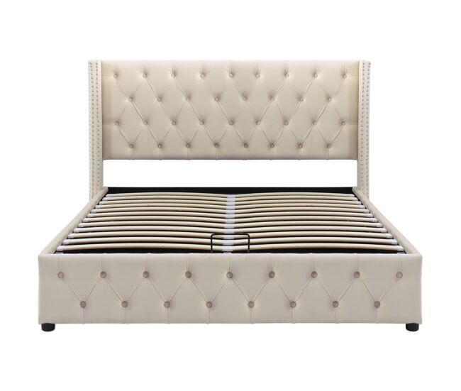 Cama de arrumação em veludo com base de ripas 140x190 cm - bege