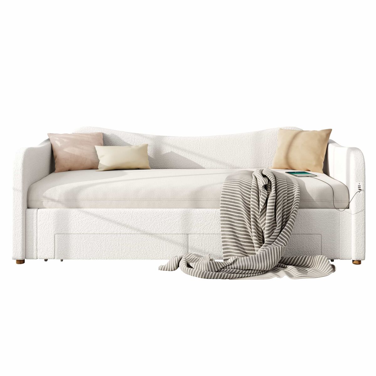 Cama tipo sofá-cama 90x200 cm - convertível em 180 cm, com 2 gavetas, usb, sofá-cama, bouclé - bege