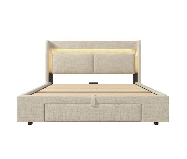 Cama estofada 140x200 cm - armazenamento hidráulico, cabeceira com led, usb/usb-c - bege
