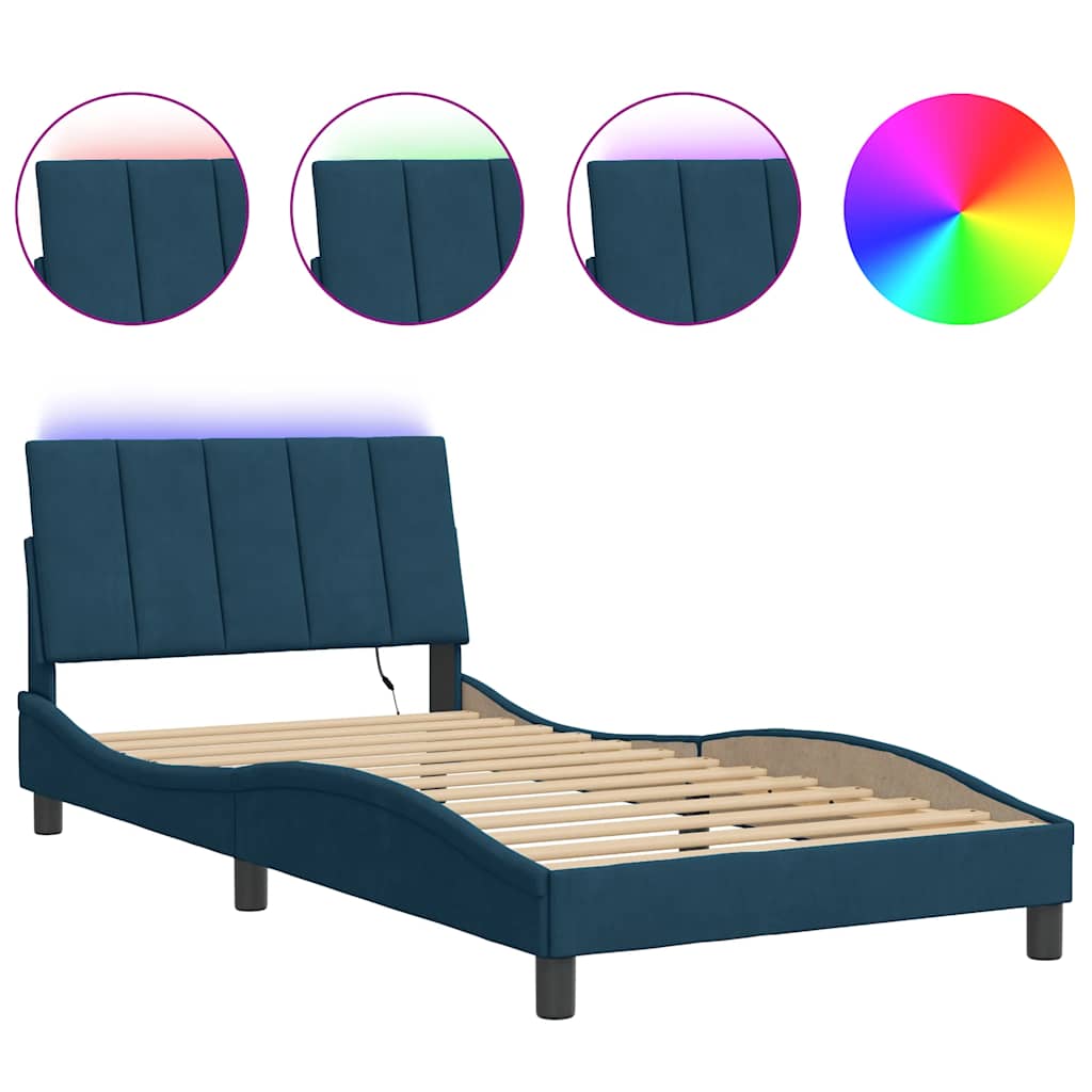 Estrutura de cama de solteiro para adultos com led 100x200 cm veludo azul