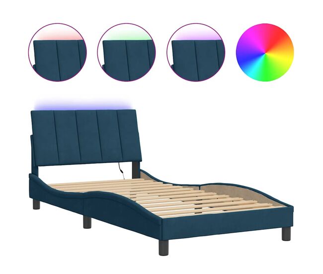 Estrutura de cama de solteiro para adultos com led 100x200 cm veludo azul