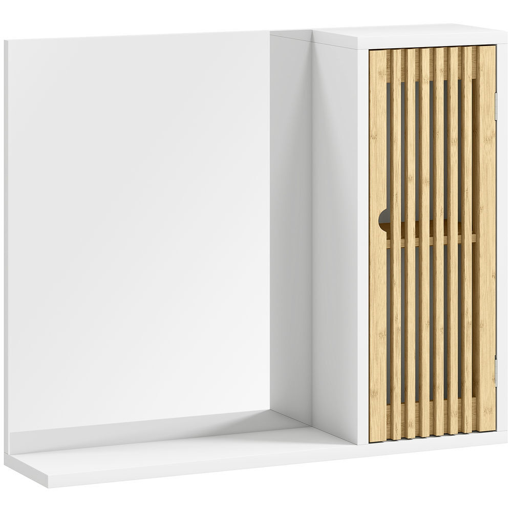 Homcom espelho de casa de banho 60x50 cm espelho de parede com porta de ripas de bambu prateleiras de arrumação branco e madeira