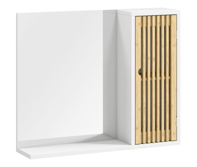 Homcom espelho de casa de banho 60x50 cm espelho de parede com porta de ripas de bambu prateleiras de arrumação branco e madeira