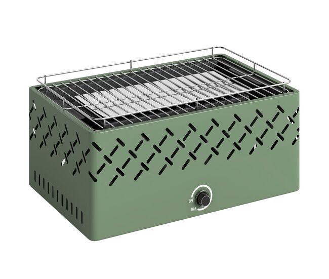 Outsunny barbecue au charbon portable, 45,5x29x21 cm, avec ventilateur intégré, température réglable et bac à charbon, pour camping, pique-niques et fêtes de jardin, vert clair