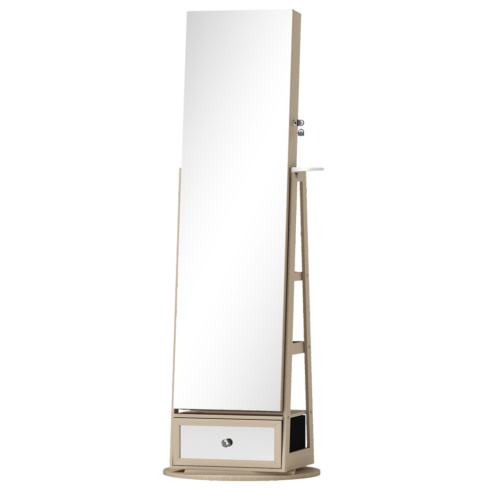 Homcom armário para joias com espelho e luzes led, armário joyero de pé com espelho de corpo inteiro, suporte para secador, giratório 360°, gaveta,