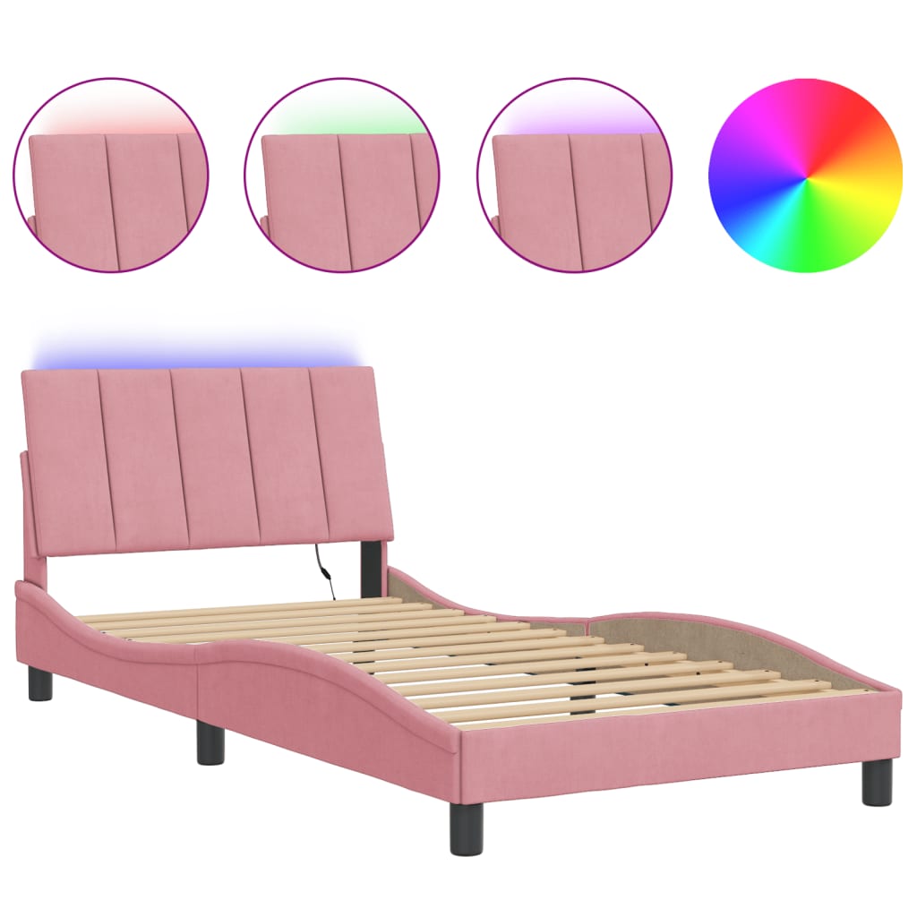 Estrutura de cama de solteiro para adultos com led 100x200 cm veludo rosa