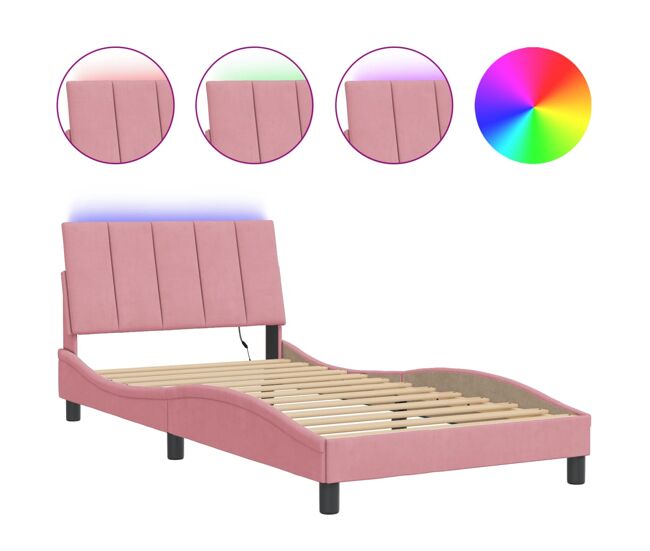 Estrutura de cama de solteiro para adultos com led 100x200 cm veludo rosa
