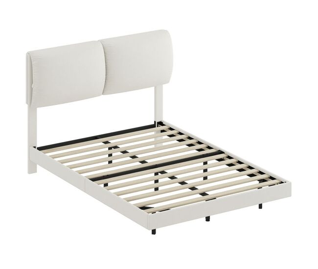 Homcom cama de casal 135x190 cm, estrutura com cabeceira acolchoada, efeito flutuante, estrutura metálica, ripas de madeira, silenciosa, estilo moderno, bege