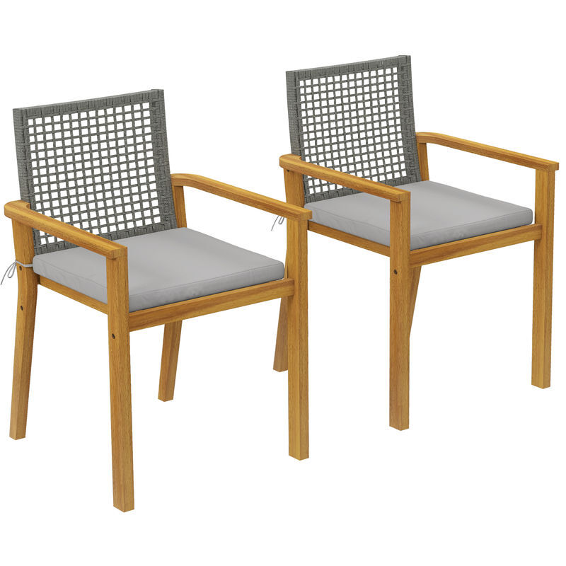 Outsunny conjunto de 2 cadeiras de jardim em madeira cadeiras empilháveis com almofadas removíveis braços encosto em vime pe capacidade 160 kg para