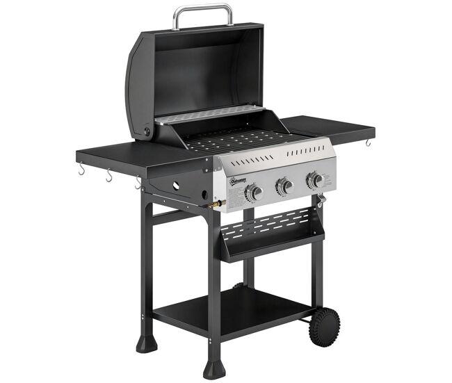 Outsunny barbecue a gás bbq gas com 3 queimadores 9 kw barbecue portátil com termómetro mesas laterais dobráveis prateleira grelhador aquecedor