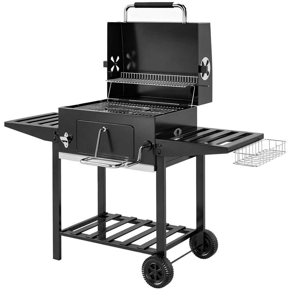 Outsunny barbecue a carvão portátil, barbecue móvel com bandeja ajustável, prateleiras dobráveis, termómetro, tampa, chaminé, ventilação, gaveta para cinzas, rodas, cesto lateral e pega, preto
