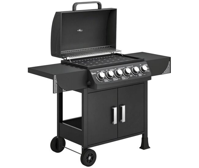 Outsunny barbecue à gaz bbq à gaz avec 6 brûleurs 15 kW barbecue portable avec thermomètre tables latérales armoire grille de chauffage grille plateau de récupération de graisse 2 roues et couvercle 135x51x101 cm noir