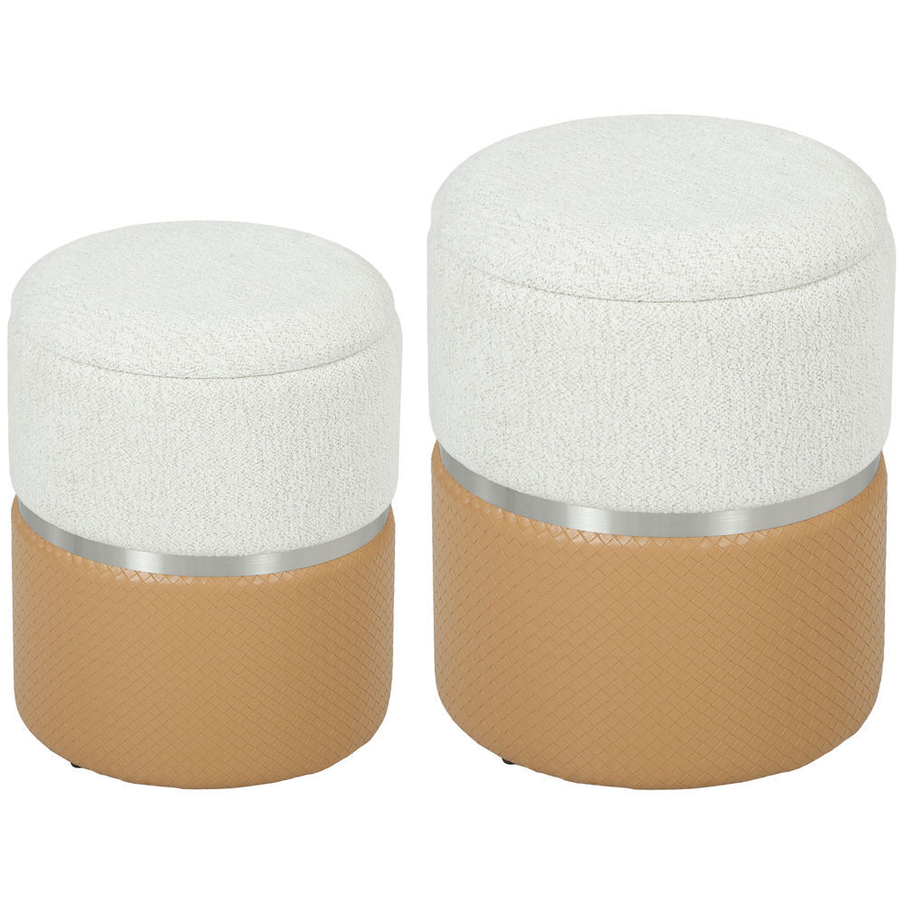 Homcom conjunto de 2 puffs de armazenamento baús redondos estofados em chenille e pu assento acolchoado para entrada quarto ou sala castanho e creme