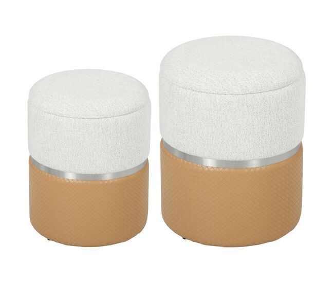 Homcom conjunto de 2 puffs de armazenamento baús redondos estofados em chenille e pu assento acolchoado para entrada quarto ou sala castanho e creme