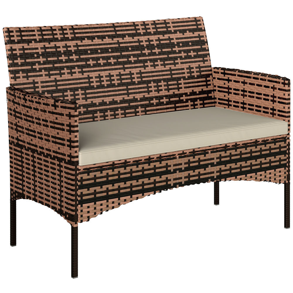 Outsunny sofá de exterior em rattan de 2 lugares sofá de jardim com almofada lavável estrutura de aço, para varanda alpendre pátio, caqui