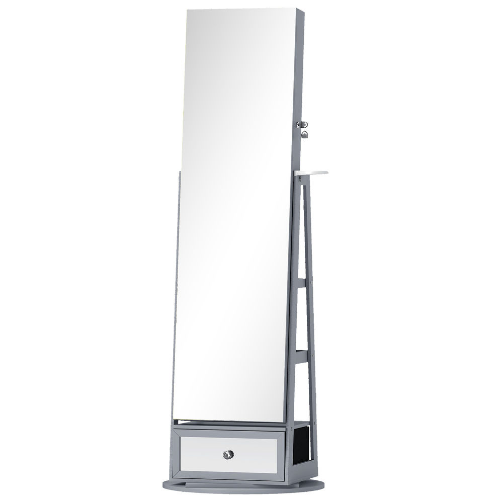 Homcom armário de joias com espelho e luzes led, armário de pé para joias, espelho de corpo inteiro, suporte para secador, rotativo 360°, gaveta,
