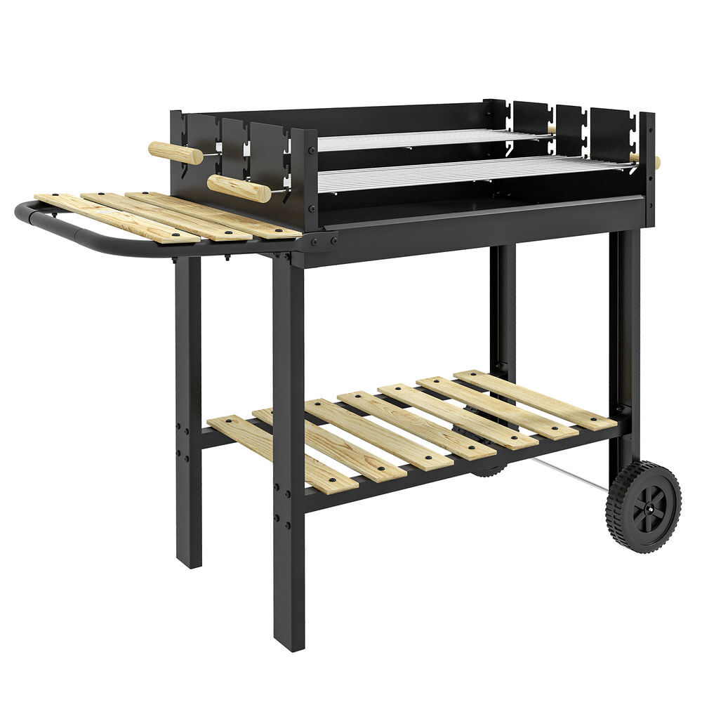 Outsunny Barbecue à charbon, barbecue portable, 113x53,5x82,5 cm, avec 2 grilles hauteurs ajustables, table latérale, étagère et roues, pour jardin ou fête en plein air, noir