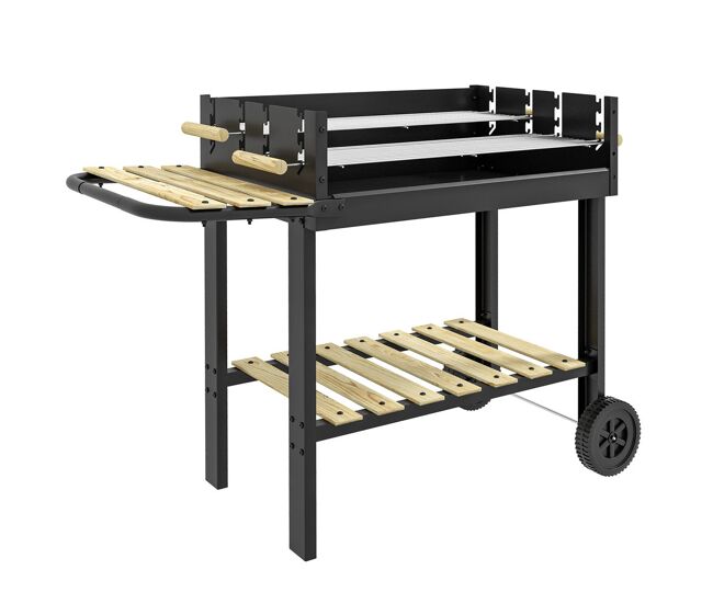Outsunny Barbecue à charbon, barbecue portable, 113x53,5x82,5 cm, avec 2 grilles hauteurs ajustables, table latérale, étagère et roues, pour jardin ou fête en plein air, noir