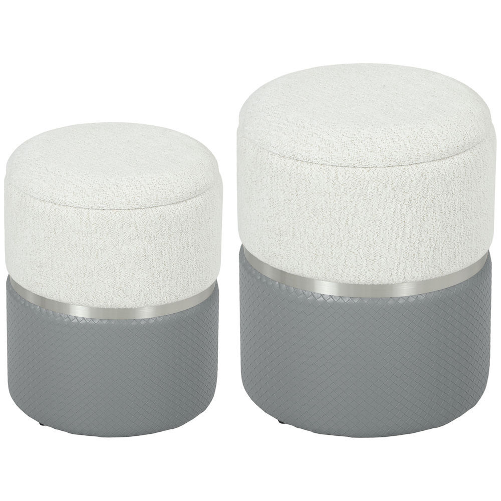 Homcom conjunto de 2 puffs de arrumação baús de arrumação redondos estofados em chenille e pu assento acolchoado para entrada quarto sala cinzento e