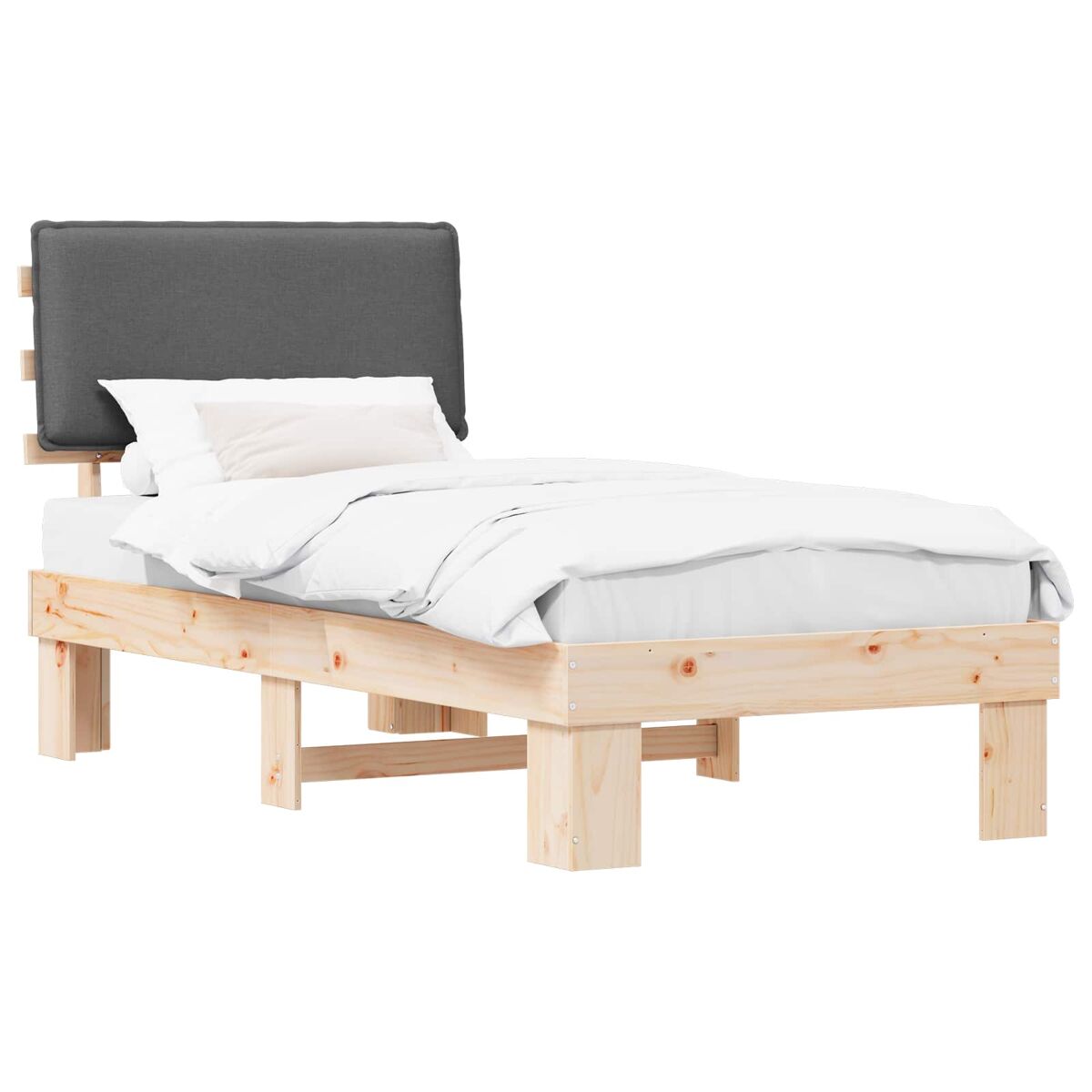 Estrutura de cama de solteiro para adultos com cabeceira estofada cinza escuro