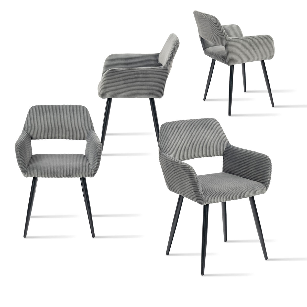 Jogo de 4 cadeiras de jantar modernas estofadas em veludo cotelê gris com pés de metal efeito madeira e design ergonómico com apoio de braços capacidade de carga até 120 kg da meubles cosy