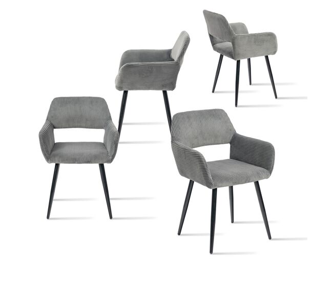 Jogo de 4 cadeiras de jantar modernas estofadas em veludo cotelê gris com pés de metal efeito madeira e design ergonómico com apoio de braços capacidade de carga até 120 kg da meubles cosy