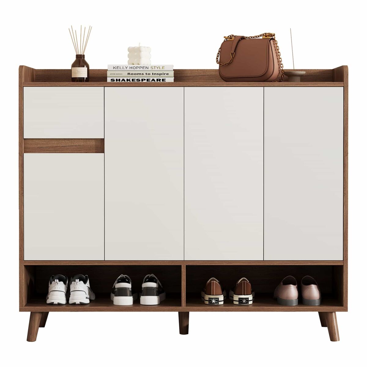 Sapateira 120x35x99 cm - 4 portas, 1 gaveta, prateleira ajustável - branco+natural