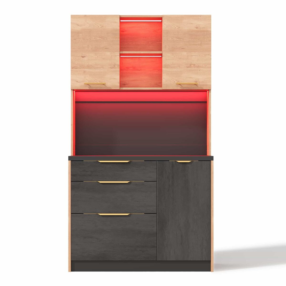 Armário alto de cozinha 100 × 40 × 180 cm - estilo moderno, acabamento em betão, bancada preta, iluminação led regulável, tomada europeia - neutro
