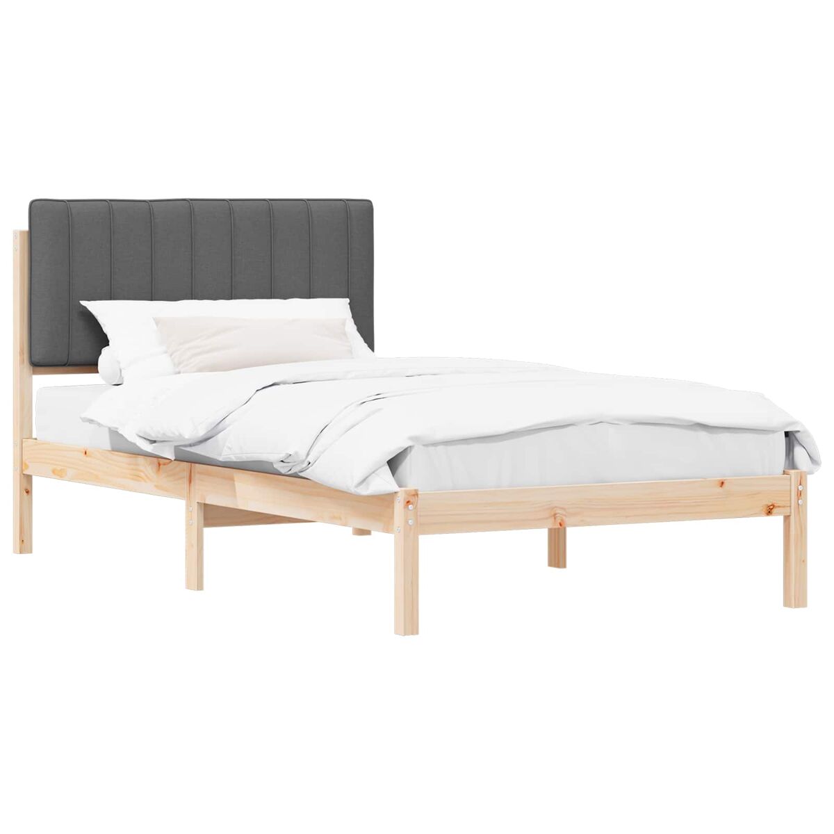 Estrutura de cama de solteiro para adultos com cabeceira estofada cinza escuro