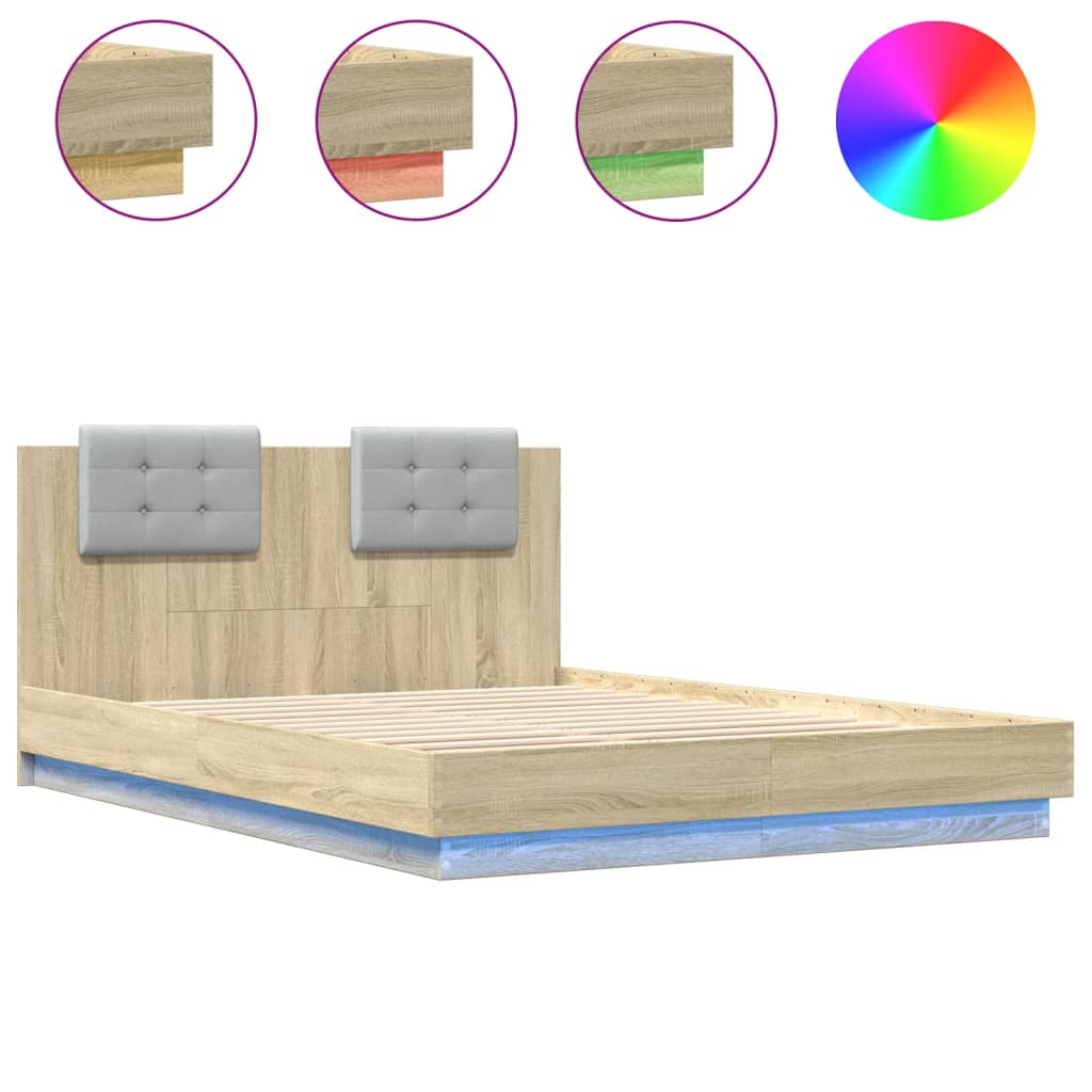 Estrutura cama de casal simple c/ cabeceira/luzes led 140x200cm carvalho sonoma