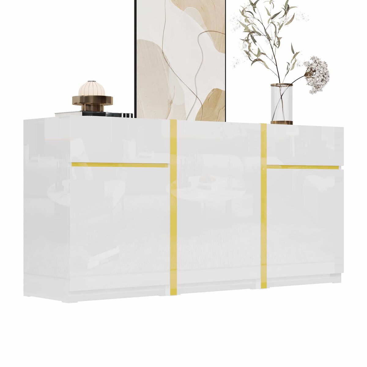 Aparador luxuoso 180 cm - acabamento brilhante, armário moderno com três portas e duas gavetas, ideal para sala de estar, sala de jantar e entrada -