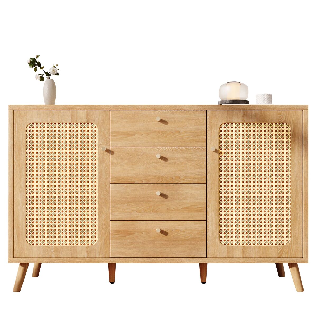 Aparador 140x40x86 cm - 4 gavetas, 2 portas, étagères ajustáveis, estilo rattan - carvalho claro