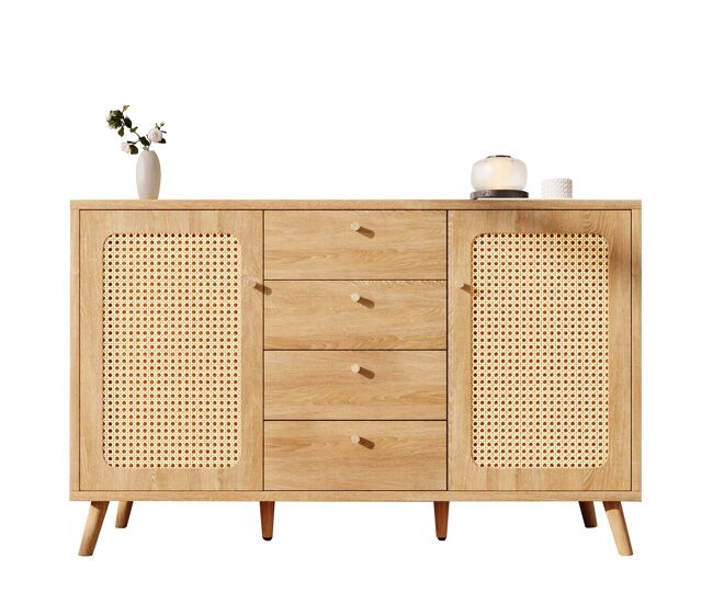 Aparador 140x40x86 cm - 4 gavetas, 2 portas, étagères ajustáveis, estilo rattan - carvalho claro