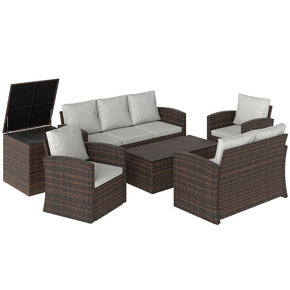 Outsunny conjunto de jardim exterior de vime, terraço, móveis de jardim exterior 6 peças com almofadas sofá duplo sofá de 3 lugares 2 poltronas 2 mesas auxiliares com armazenamento bege