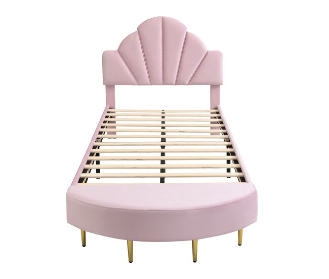 Cama individual estofada 90x200 - cabeceira em veludo, banco a condizer, estrutura estável - rosa