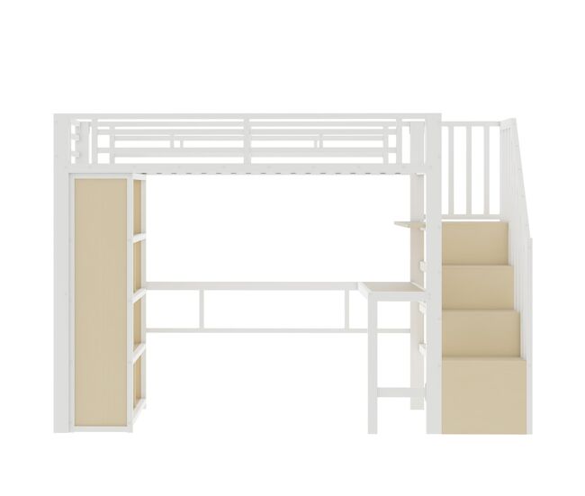 Cama alta 90x200 - estrutura de ferro, secretária, prateleira, led e escada com arrumação - branco