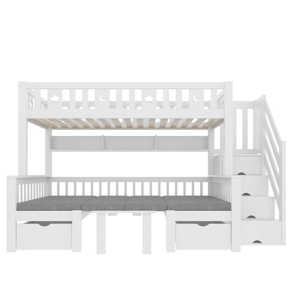 Cama alta multifuncional 90x200 cm - cama e secretária 2 em 1, escada com arrumação, corrimão decorativo com estrelas e lua - branco