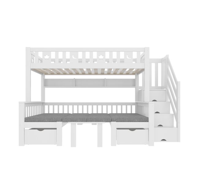 Cama alta multifuncional 90x200 cm - cama e secretária 2 em 1, escada com arrumação, corrimão decorativo com estrelas e lua - branco